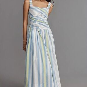 Anthropologie  NWT Square Neck drop Waist Striped Maxi Dress in Blue and Yellow